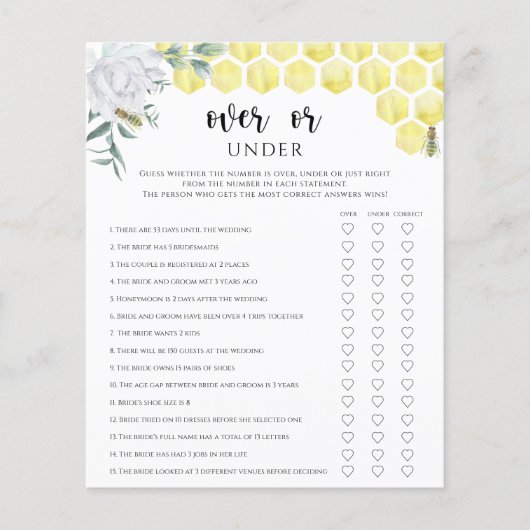 ビーフローラの上または下のブライダルシャワーゲーム (正面)