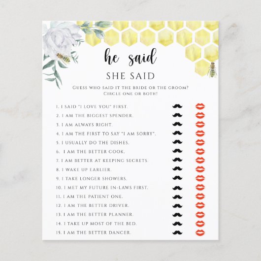 ビーフローラ彼は彼女はブライダルシャワーゲームと言った (正面)