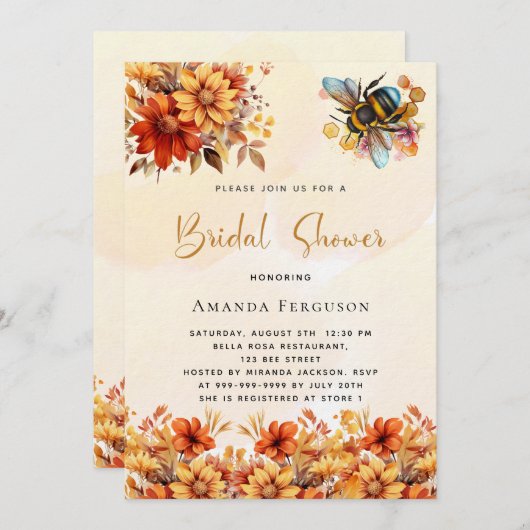 ビーブライダルシャワーオレンジ秋花模様贅沢 招待状 (正面/裏面)