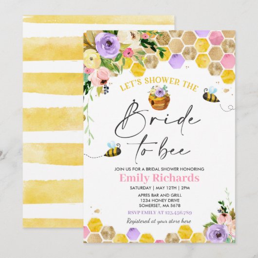 ビーブライダルシャワーピンク&金ゴールドフローラブライドトゥビー 招待状 (正面/裏面)