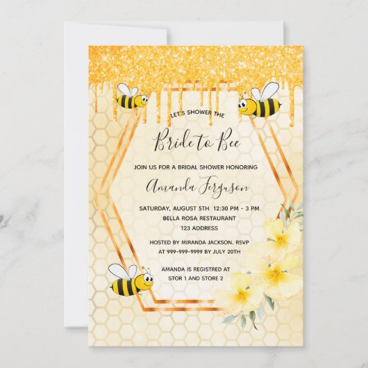 ビーブライダルシャワー金ゴールドグリッターは花嫁をbeeにドリップ 招待状 (正面)