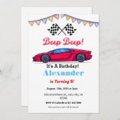 ビープビープレッドレースカー誕生日 招待状 (正面/裏面)