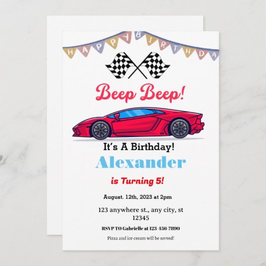 ビープビープレッドレースカー誕生日 招待状 (正面/裏面)