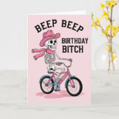 ビープビープ 誕生日 楽しい ピンク スケルトン 自転車 カード (黄色い花)