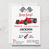 ビープモダンープ鳴る赤いレーススポーツカーの9歳の誕生日 招待状 (正面)