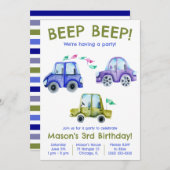 ビープ音が鳴る!水彩車、車両誕生日 招待状 (正面/裏面)