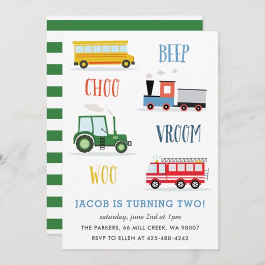 ビープ ブーム ウー トラクター 子どもの誕生日パーティー 招待状 (正面/裏面)