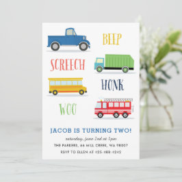 ビープVroom Woo Truck Kidの誕生日パーティー 招待状