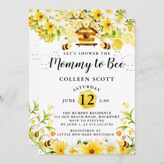 ビーベイビーシャワー招待状イエローモマムトゥビー 招待状 (正面/裏面)
