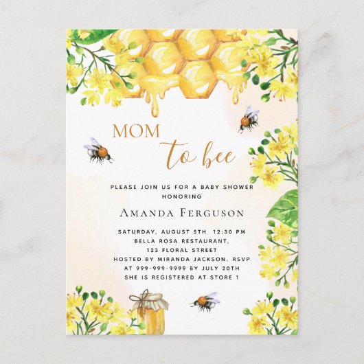 ビーベビーシャワー黄色花模様蜂蜜の招待 ポストカード (正面)