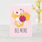 ビーマイニングキュートビーとピンクバレンタインハート カード (黄色い花)