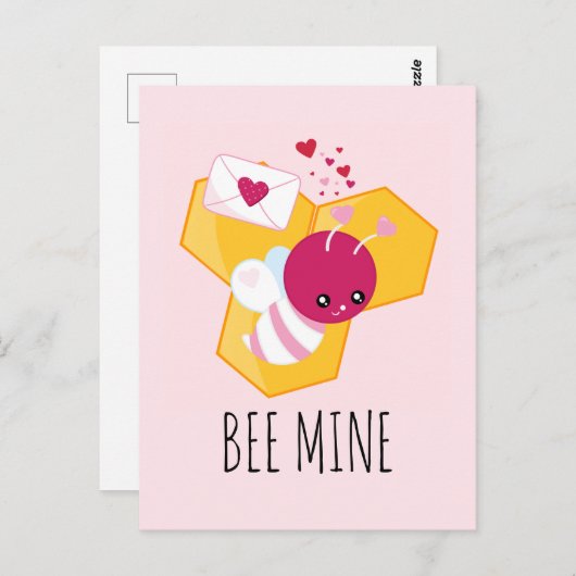 ビーマイニングキュートビーとピンクバレンタインハート ポストカード (正面/裏面)