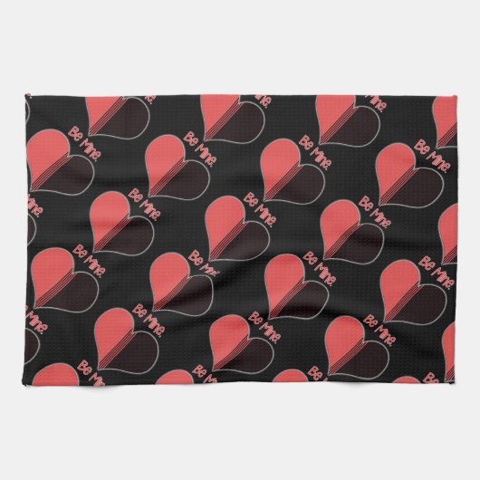 ビーマイニングバレンタインレッドストライプハート キッチンタオル (横)