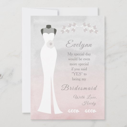 ビーマイブライドメイド – 白いブライダルガウンオンピンクグレー カード (正面)