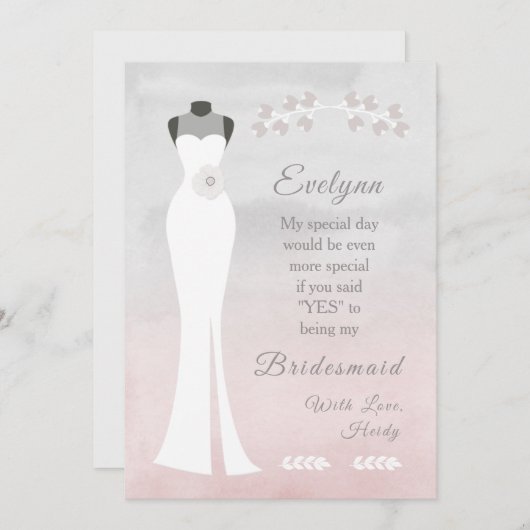 ビーマイブライドメイド – 白いブライダルガウンオンピンクグレー カード (正面/裏面)