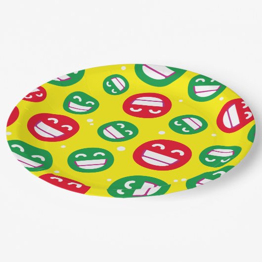 ビーミング顔笑顔の目絵文字レッド緑イエロー ペーパープレート (アングル)