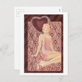 ビーミンバレンタインアートデコ女性レッドドレスハート シーズンポストカード (正面/裏面)