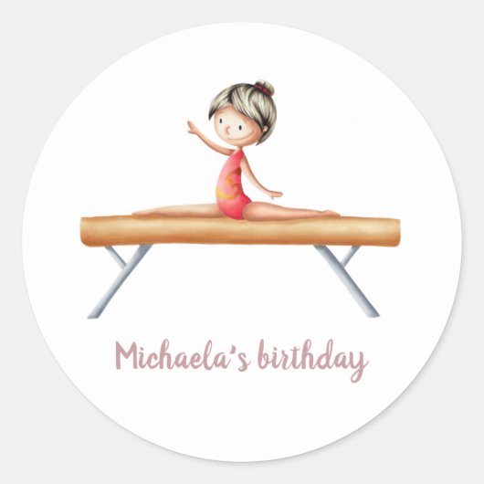 ビームピンクと白の誕生日の体操の女の子 ラウンドシール (正面)