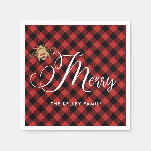 ビーメリー金ゴールドビー赤バッファロープレイドカスタム スタンダードカクテルナプキン (正面)