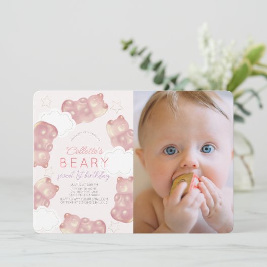ビーリーウェイピンクグミベアーガール1st誕生日 招待状 (スタンド正面)