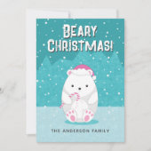 ビーリークリスマスポーラーベアかわいい漫画ティール（緑がかった色）ブルー シーズンカード (正面)