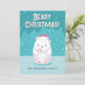 ビーリークリスマスポーラーベアかわいい漫画ティール（緑がかった色）ブルー シーズンカード (スタンド正面)
