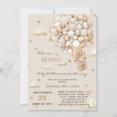 ビーリー待ちベアバルーン中立金ゴールドベビーシャワー 招待状 (正面)