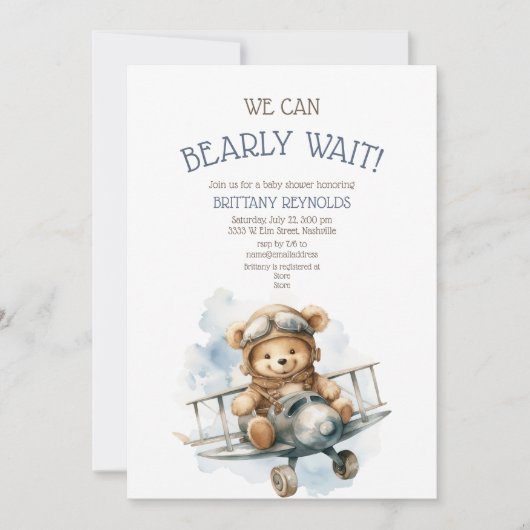 ビーリー待ち飛行機飛んでいるクマ青い赤ちゃんシャワー 招待状 (正面)