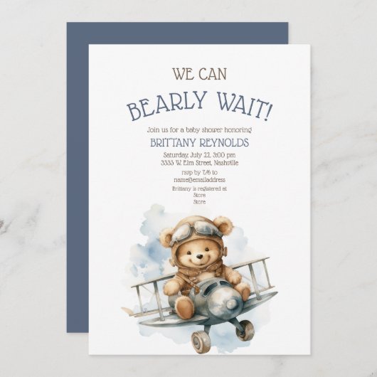 ビーリー待ち飛行機飛んでいるクマ青い赤ちゃんシャワー 招待状 (正面/裏面)