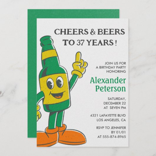 ビールおもしろいヴィンテージメンズ37歳の誕生日 招待状 (正面/裏面)