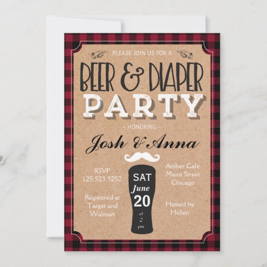 ビールおよびおむつのベビーシャワーの招待 招待状 (正面)