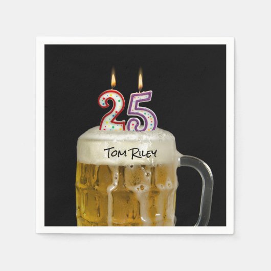 ビールで25歳の誕生日のキャンドル スタンダードカクテルナプキン (正面)