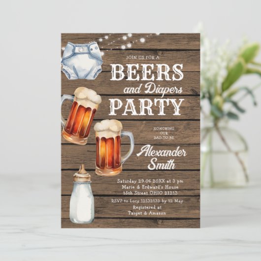 ビールとおむつパーティーウッドメンズベビーシャワー 招待状 (スタンド正面)