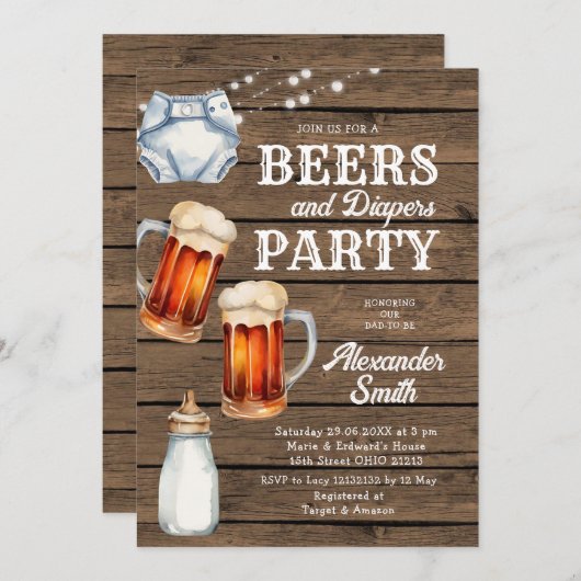 ビールとおむつパーティーウッドメンズベビーシャワー 招待状 (正面/裏面)