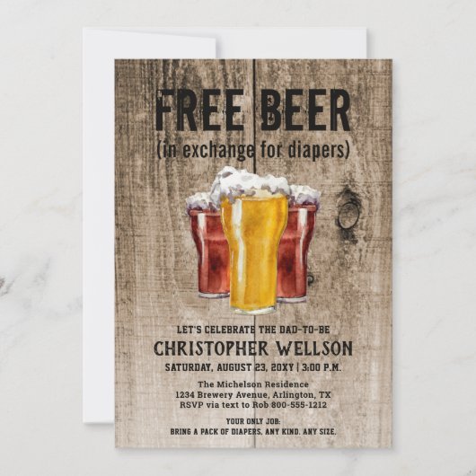 ビールとおむつメンツで人々のベビーシャワーパーティー 招待状 (正面)