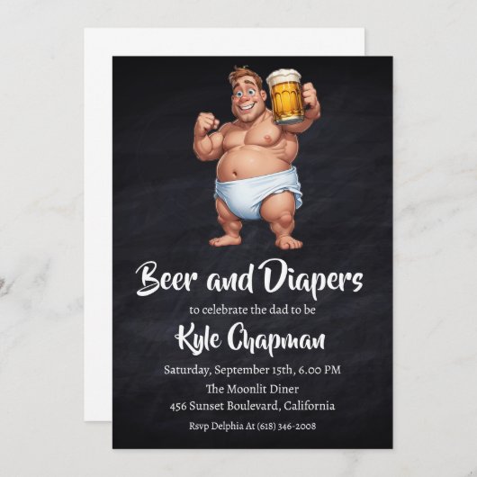 ビールとおむつ男性のおむつパーティの招待状 招待状 (正面/裏面)