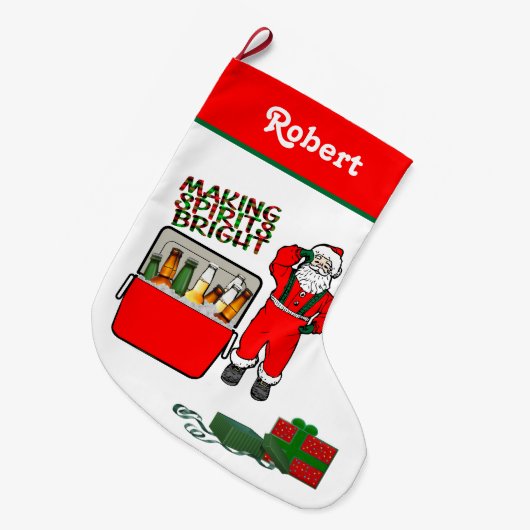 ビールとサンタ付き赤いアイチェスト ラージクリスマスストッキング (正面 (吊り時))