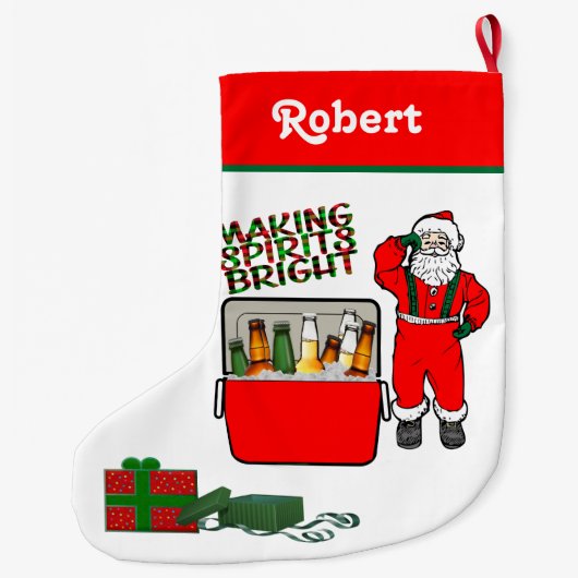 ビールとサンタ付き赤いアイチェスト ラージクリスマスストッキング (裏面)
