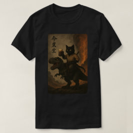 ビールとティラノサウルスと騎乗する猫の侍 Tシャツ