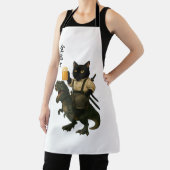 ビールとティラノサウルスに乗った猫の侍 | レトロな日本風アート エプロン (インサイチュ)