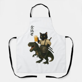 ビールとティラノサウルスに乗った猫の侍 | レトロな日本風アート エプロン