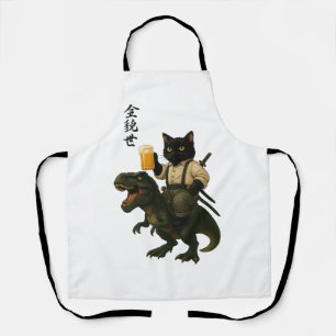 ビールとティラノサウルスに乗った猫の侍 レトロな日本風アート エプロン