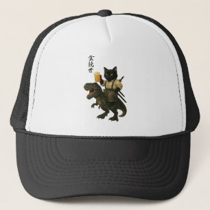 ビールとティラノサウルスに乗った猫の侍 レトロな日本風アート キャップ