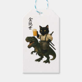 ビールとティラノサウルスに乗った猫の侍 | レトロな日本風アート ギフトタグ