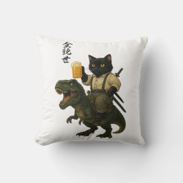 ビールとティラノサウルスに乗った猫の侍 | レトロな日本風アート クッション