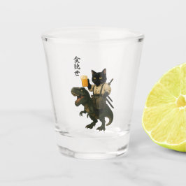 ビールとティラノサウルスに乗った猫の侍 | レトロな日本風アート ショットグラス