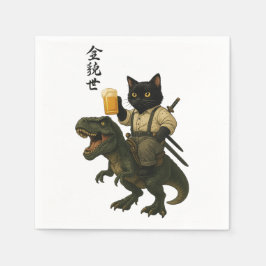 ビールとティラノサウルスに乗った猫の侍 | レトロな日本風アート スタンダードカクテルナプキン