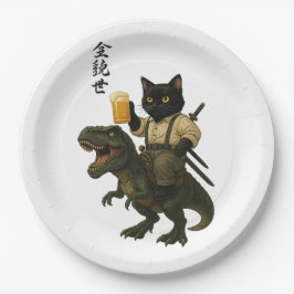 ビールとティラノサウルスに乗った猫の侍 | レトロな日本風アート ペーパープレート