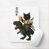 ビールとティラノサウルスに乗った猫の侍 | レトロな日本風アート マウスパッド (マウス)