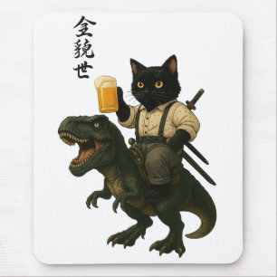 ビールとティラノサウルスに乗った猫の侍 レトロな日本風アート マウスパッド